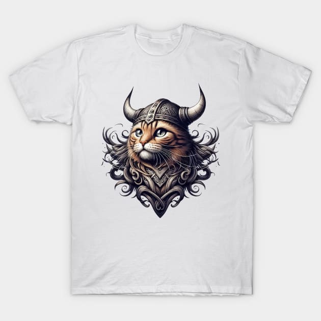 Funny Viking Warrior Cat Norse Mythology Anime Portrait T-Shirt by TomFrontierArt
